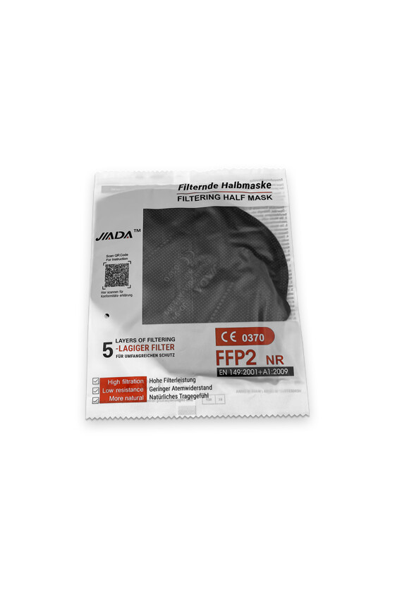 Jiada FFP2 CE 0370 - FFP2 maszk (mennyiség, szín és szelep) - 20 db - Fekete - Szelep nélküli