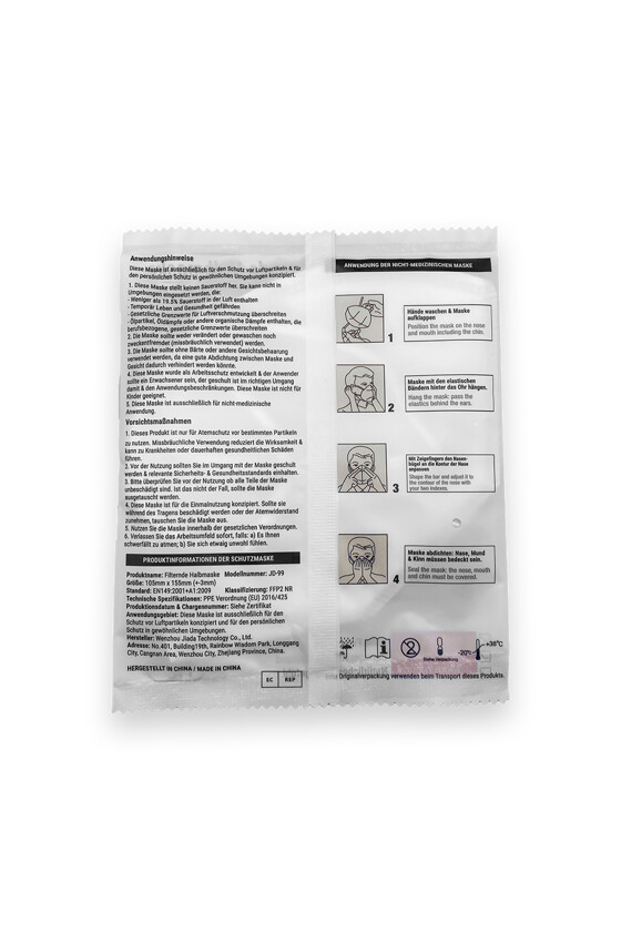 Jiada FFP2 CE 0370 - FFP2 maszk (mennyiség, szín és szelep) - 20 db - Fehér - Szelep nélküli