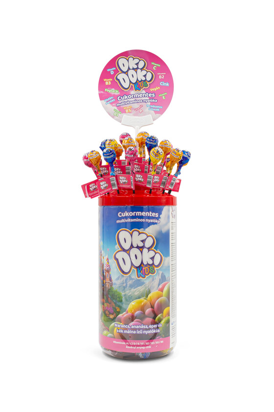 OKI DOKI KIDS multivitaminos nyalóka - Multivitaminos nyalóka - Cukormentes - 100 db - 4-féle ízesítésű (kiajánlóban)