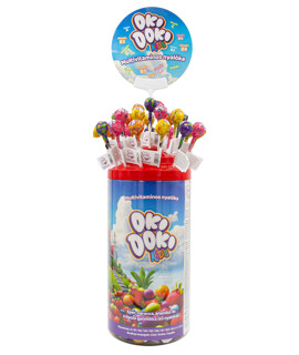 OKI DOKI KIDS eper, narancs, ananász és trópusi gyümölcs ízű étrend-kiegészítő nyalóka 15-féle vitaminnal és ásványi anyaggal - Minőségét megőrzi: 2026-11-17 - 100 db - 1 doboz