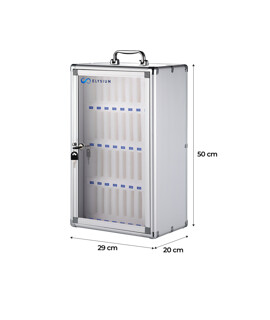 Elysium hordozható, falra szerelhető, zárható, 36 rekeszes, szivacsbetétes mobiltelefon tároló doboz - Zárható tároló doboz - 36 rekeszes