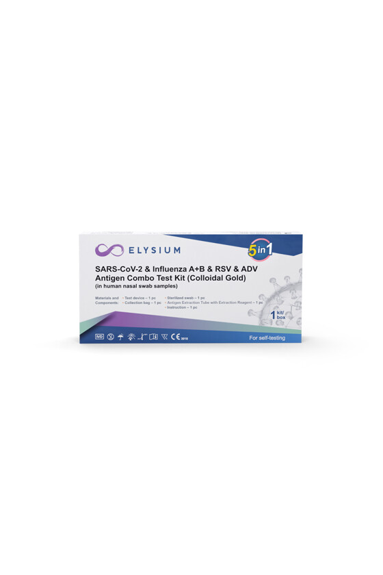 Elysium SARS-CoV-2 tesztkészlet - SARS-CoV-2 teszt - 1 db - 5 az 1-ben Covid 19 + Influenza A + Influenza B + RSV + ADV - OTTHONI